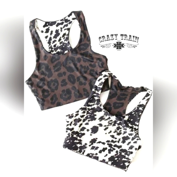 Crazy Train Other - Crazy Train Reversible Leopard & Cow Print Sports Bra/Swim Bikini Top Brown